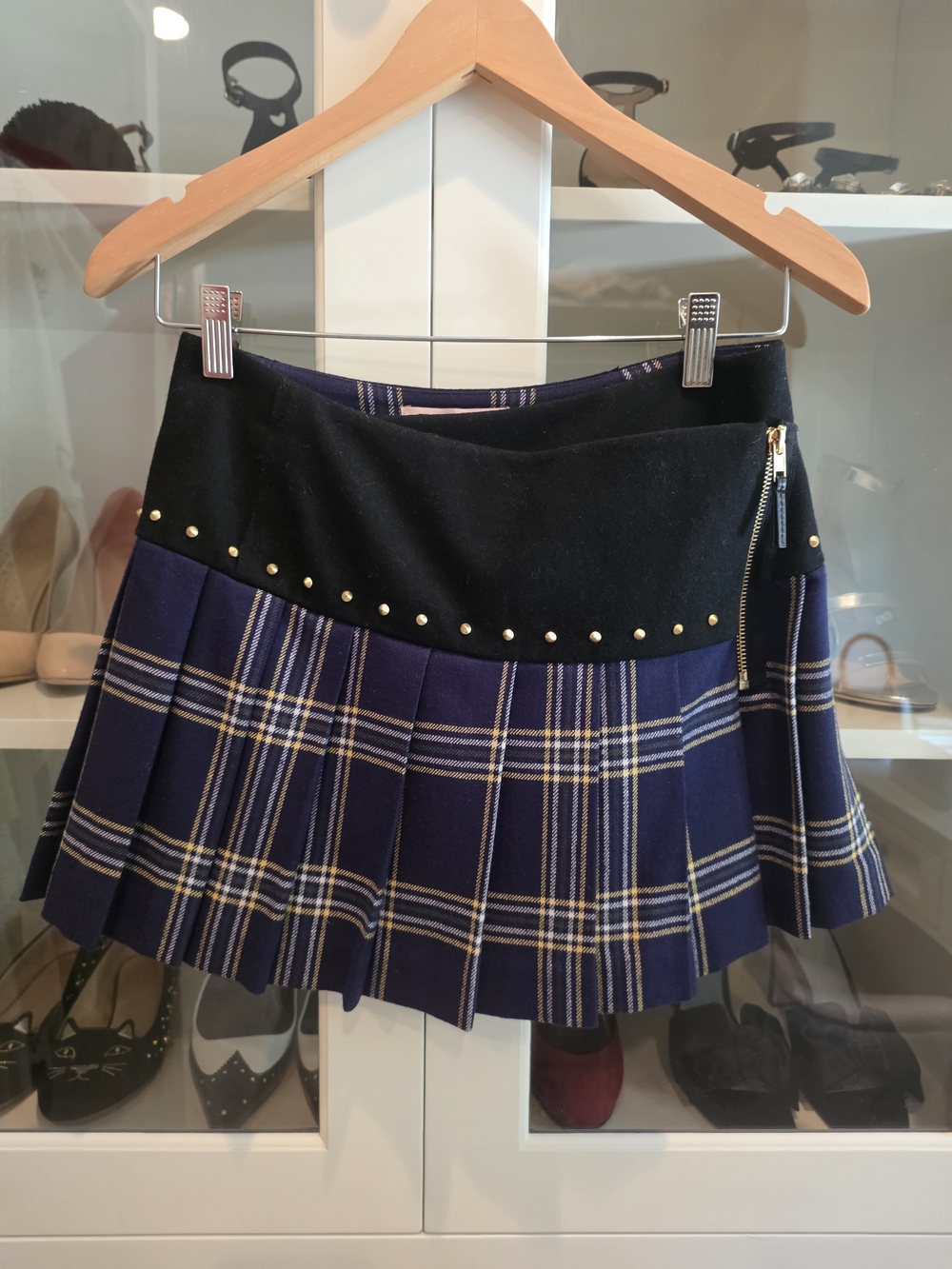 Juicy Couture Navy Plaid Pleated Mini Skirt with Black Studded Waistband